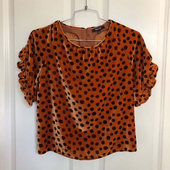 Madewell Velvet Ruffle Sleeve Top Polka Dot Leopard Print Velour Blouse SM - Picture 16 of 16